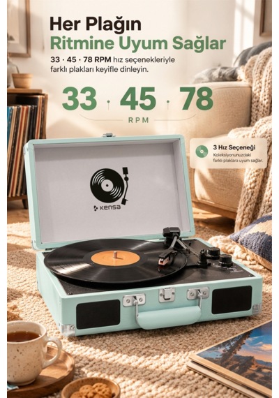Kensa Bluetooth Lu Nostaljik Çantalı Pikap 33/45/78 Devir Dahili Bataryalı Plak Çalar Açık Yeşil