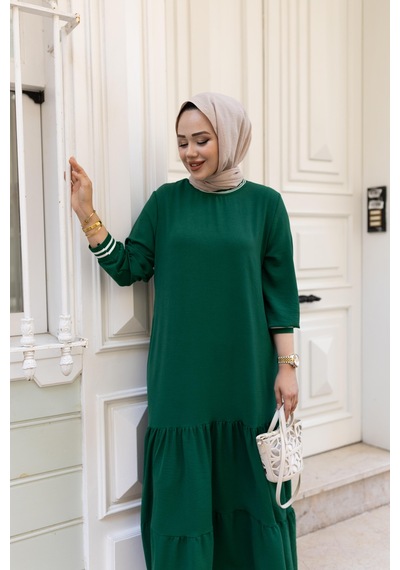 Hb Harma Time Butik Kadın Kat Kat Ribanalı Yeşil Tesettür Elbise