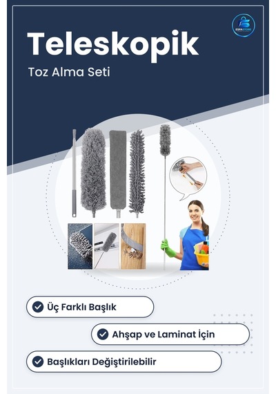 Teleskopik Mop Toz Alma Püskülü Çok Fonksiyonlu Temizlik Seti Üç
