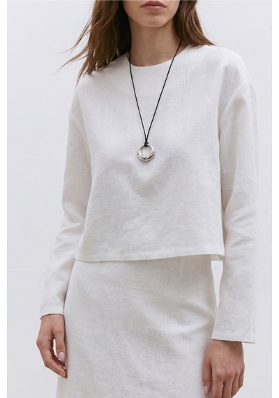 Suud Collection Ekru Mussel Crop Keten Bluz BEYAZ