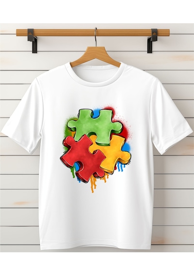 Aselinda Puzzle Baskılı Bisiklet Yaka T-shirt Beyaz