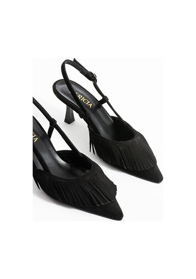 Dericia Shoes Jewel Hakiki Deri Süet Püskül Detaylı Kadın İnce Topuklu Ayakkabı Siyah