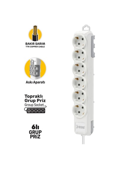 Sgs3493 Grup Priz Topraklı Altılı 5 Metre, Uzatma Kablosu, Üçyol 5 M