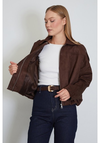 Fullamoda Fermuarlı Polo Yaka Süet Bomber Ceket Kahve