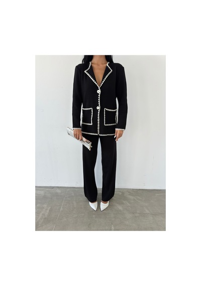 İkrafashion Çoban Dikişli Cepli Premium Triko Takım Siyah Siyah
