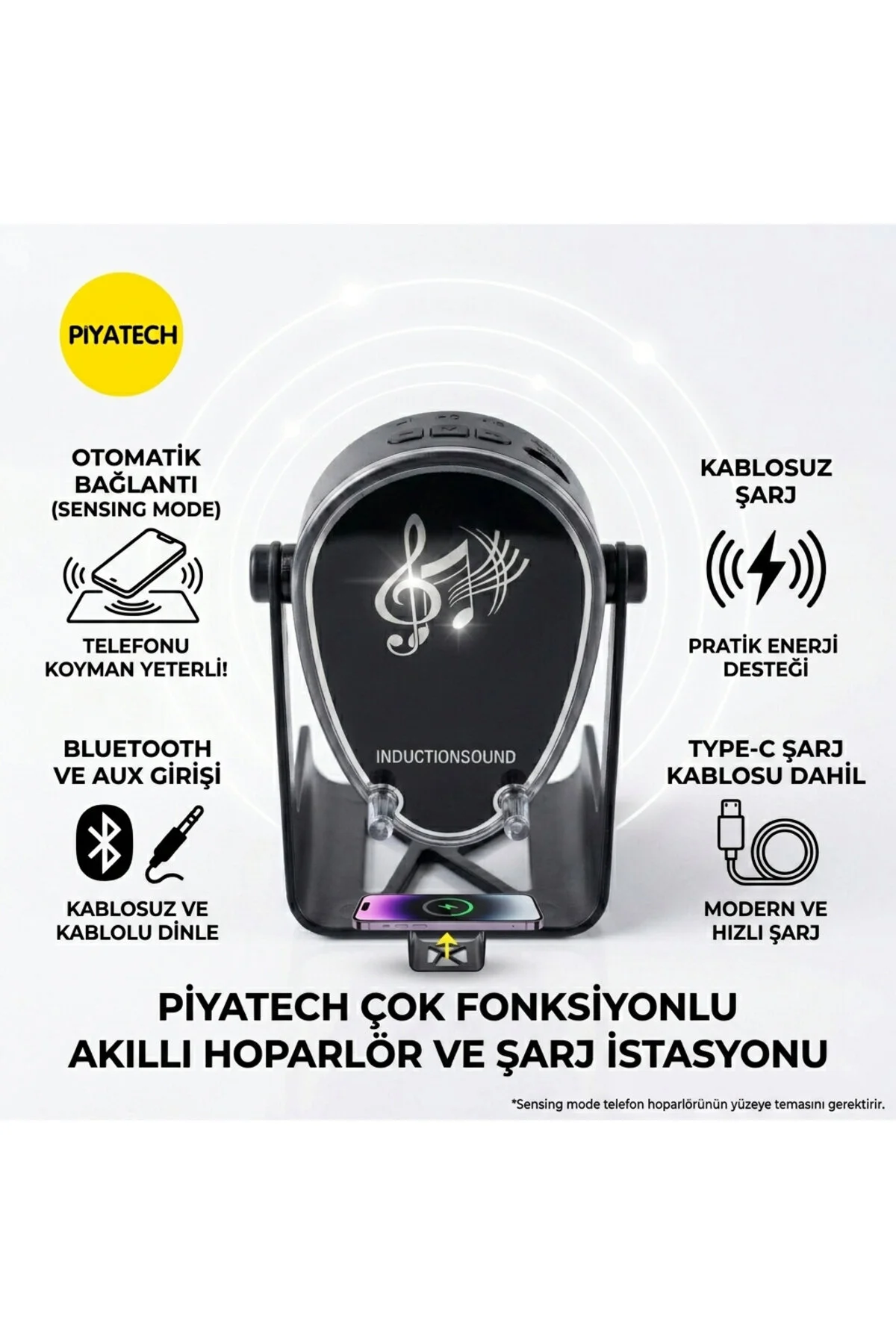Akıllı Sensörlü Bluetooth Hoparlör Ses Bombası + Kablosuz Şarj Destekli Telefon Standı Type-c Kablolu