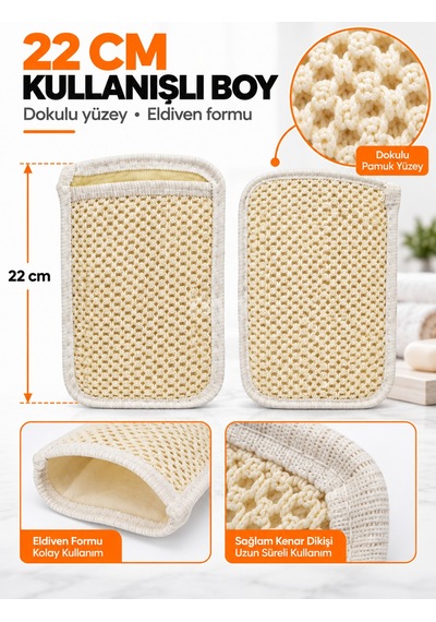 Hanex Doğal Pamuk Banyo Kese Eldiveni 22 Cm Vücut Temizleme Ve Peeling Kesesi