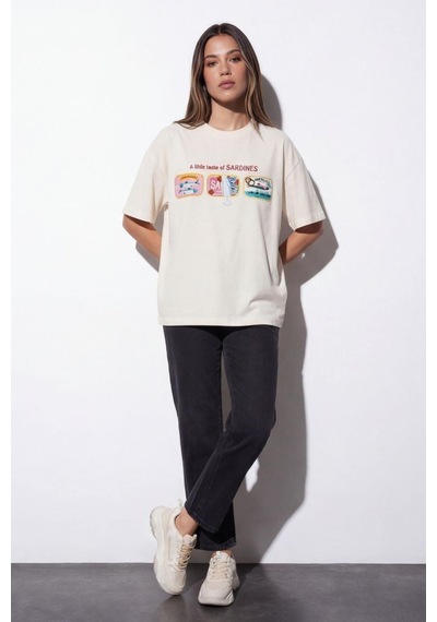 Quzu 26ytsh02021 Kadın Baskı Nakış Detaylı T-shirt Ekru