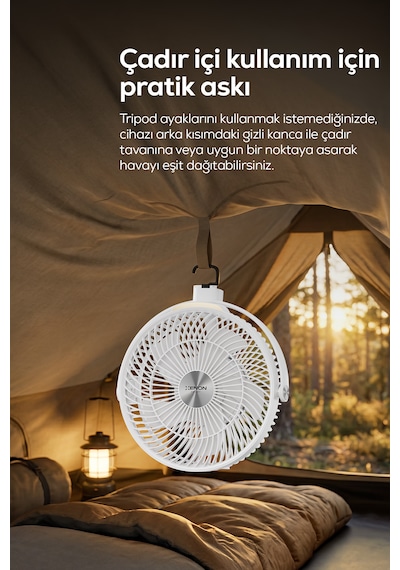 Taşınabilir Kamp Vantilatörü 8000 Mah, Bataryalı, Tripodlu, Işıklı, Sessiz X7434-beyaz
