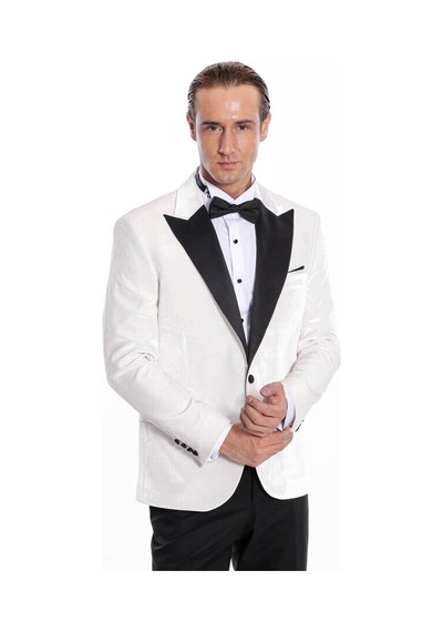 Wessi Kadife Slim Fit Beyaz Erkek Smokin Ceketi Beyaz