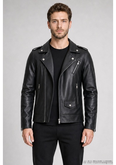 Freemen Erkek Fermuarlı Cep Detaylı Slim Fit Suni Deri Ceket-416 Siyah