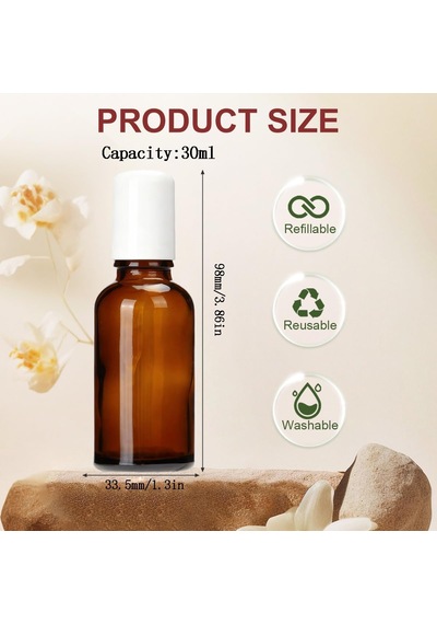 3 X 30 Ml, Boş Kehribar Renkli Cam Şişe, Paslanmaz Çelik Rulo Küreli, Uçucu Yağlar İçin Doldurulabilir Deneme Kabı, Parfüm, Dudak Balsamı
