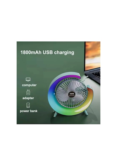 Masaüstü Vantilatör Usb Şarjlı Rgb Led Işıklı 3 Kademeli 180 Ayarlanabilir Soğutucu Fan Yeşil Krgltgsnyfgm4gw80l0