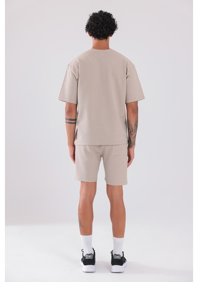 Rowinger Waffle Dokulu Oversize T-shirt Ve Şort Erkek Takım Beıge