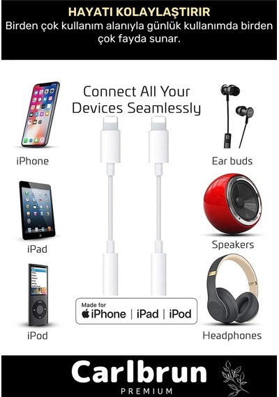 Apple Uyumlu iPhone 15 14 13 12 11 X 8 7 Plus iPad  Lightning Kulaklık Çevirici Aux Dönüştürücü