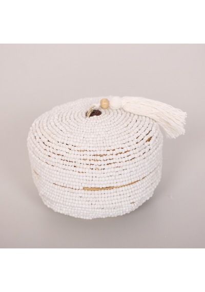 Bali Boncuklu Bambu Saklama Kutusu 16x10 Cm Beyaz