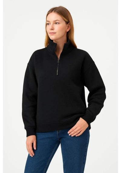 Mbb E-ticaret Kadın 3 İplik Pamuklu Dık Yaka Yarım Fermuarlı Sweatshirt - Siyah