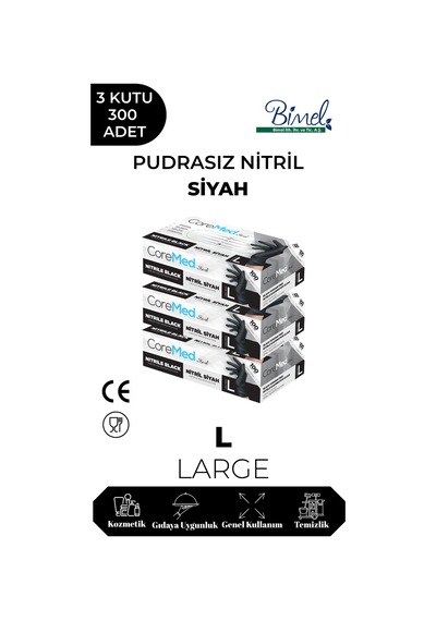Nitril Siyah Pudrasız Muayene Eldiveni L - 3 Paket 100 Lü