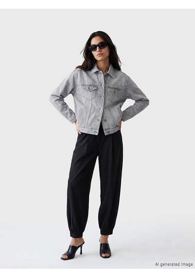 Lcw Vision Gri Gömlek Yaka Oversize Kadın Jean Ceket
