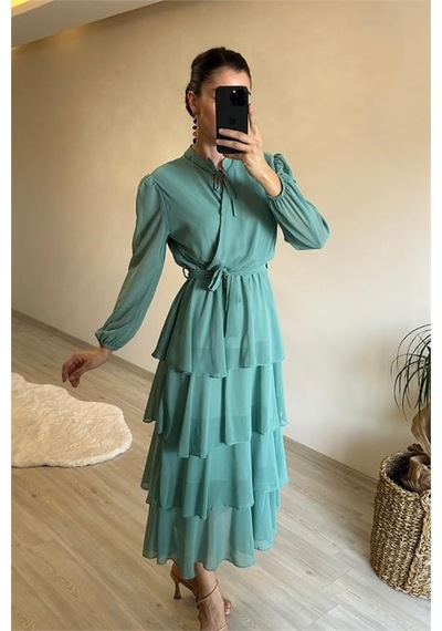 Neşeli Butik Kadın Kat Kat Volanlı Kuşaklı Midi Şifon Elbise Nm004 Mint