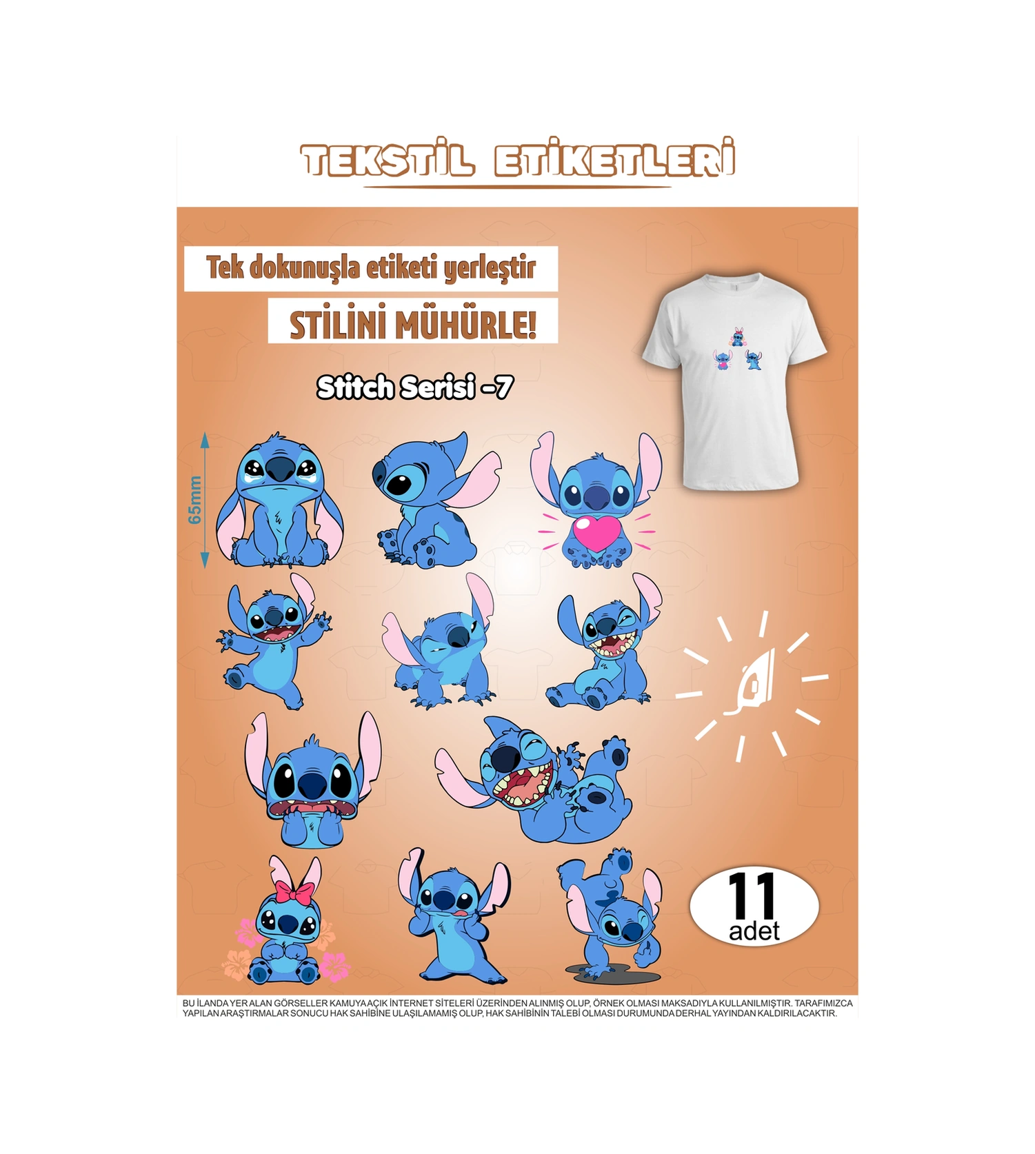 Ütü İle Yapışan Kıyafet Etiketi Stitch Serisi -7 11li Set Karışık