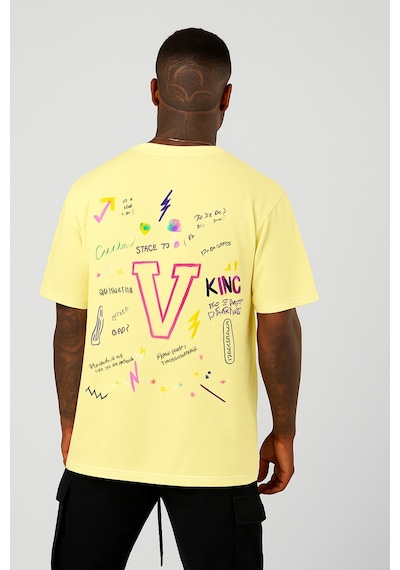 V Baskılı Oversize Beyaz T-shirt Sari