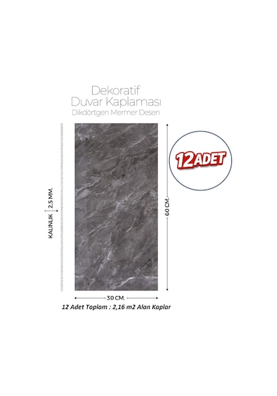 30x60 Cm Kendinden Yapışkanlı Duvar,banyo,tezgah Arası Kaplama Antrasit Mermer 12 Adet 8807-30-12