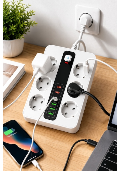 6'lı Priz Çoklayıcı 4 Usb + 2 Type-c Hızlı Şarjlı Anahtarlı Priz 3500w 2 Metre Kablo 2 - 5 M