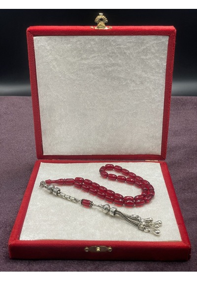 Alpaka Püsküllü Kapsül Kesim Kırmızı Ateş Kehribar Tesbih 7x11 Mm