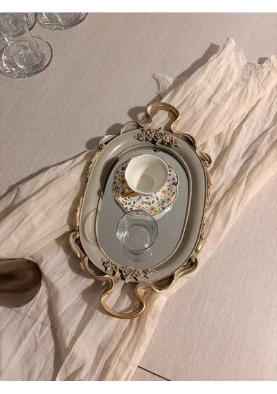 Küçük Oval Aynalı Kulplu Dekoratif Tepsi Vizon & Altın Varaklı 37x21 Cm