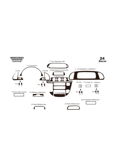 Mercedes Sprinter Torpido Kaplama 2000-2006 24 Parça Koyu Meşe