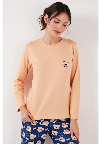 Lela Streç Regular Fit Beli Lastikli Bisiklet Yaka Bayan Pijama Takımı 65714101 Şeftali