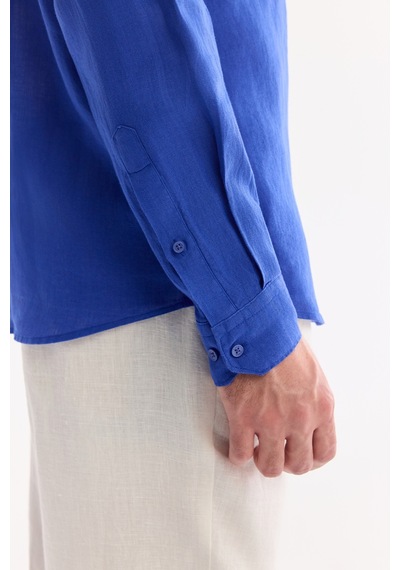 Avva Erkek Saks Düğmeli Yaka %100 Keten Comfort Fit Gömlek B002191 Saks Mavisi