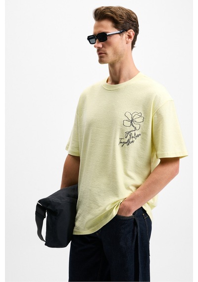 Grımelange OURFLOW Erkek Nakış Detaylı %100 Organik Pamuk Bisiklet Yaka Kısa Kollu Oversize Sarı T-Shirt