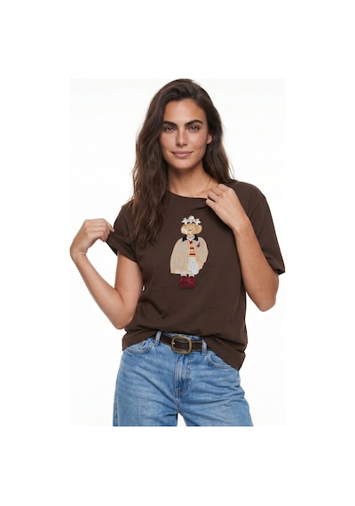 Onloox Kadın Kahverengi Acı Kahve Pamuklu Bisiklet Yaka Relaxed Fit Köpek Nakışlı Taş İşlemeli T-shirt