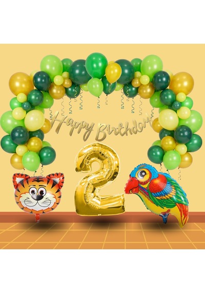2 Yaş Pompa Hediyeli Safari Tema Folyo Kaplan Papağan Gold Rakam Yeşil Sarı Gold Balon Doğum Günü Süsü Çok Renkli