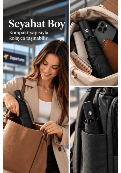 Lipra Kılıflı Otomatik Kompakt Şemsiye 98 Cm 8 Telli Tek Tuş Açılır Katlanabilir Yağmur Şemsiyesi Siyah