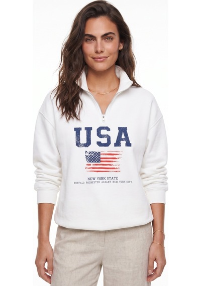 Onloox Kadın Beyaz Beyaz Pamuklu Dik Yaka Yarım Fermuarlı Usa Baskılı Standart Beden Sweatshirt