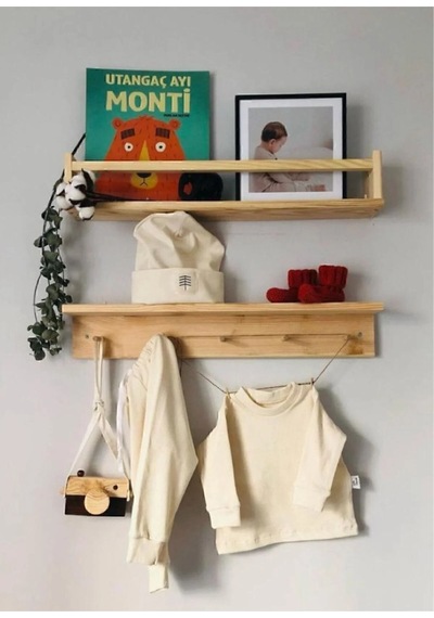 Ahşap Askılık Raf Ve Kitaplık Raf Eğitici Montessori Raf 2'li 40 Cm Kahverengi Kahverengi