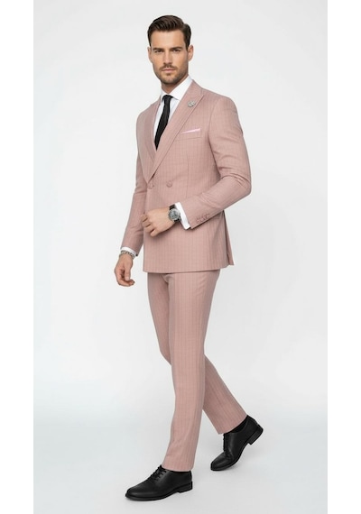 Erkek Slim Fit Çizgili Takım Elbise 2 Top Düğmeli, Çift Yırtmaçlı Modern Kesim Kiremit