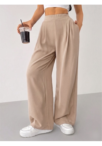 Genius Store Kadın Pantolon Scuba Krep Kumaş Beli Lastikli Cepli Pileli Geniş Paça Palazzo Pantolon Scuba-crep Taş