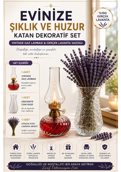 Vintage Gaz Lambası Ve Cam Vazo Gerçek Kuru Lavanta Seti Dekoratif Ev Salon Konsol Raf Süsü Hediyelik 3'lü Set