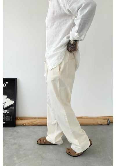 Bej Premium Baggy Keten Pantolon