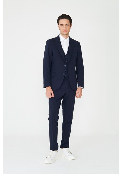 Lacivert Klasik Yaka Modern Slim Fit Yelekli Takım Elbise Laci