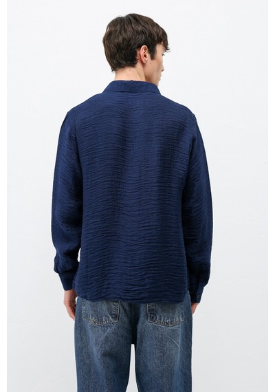 Vamos Dokulu Oversize Gömlek Lacivert
