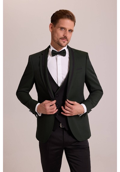 Ysf Erkek Yeşil Slim Fit Şal Yaka Yelekli Damatlık