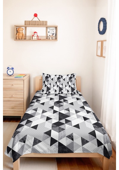 Gri Geometrik Genç Odası Tek Kişilik Pike Takımı - Siyah Modern 160x220 Cm Kapitone Yatak Örtüsü Mahmur Kadife Ufku