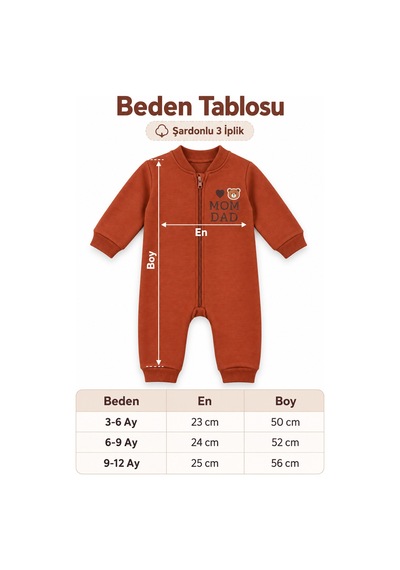 Beniizle Baskılı Unisex 3 İplik Şardonlu Fermuarlı Bebek Tulum Kiremit