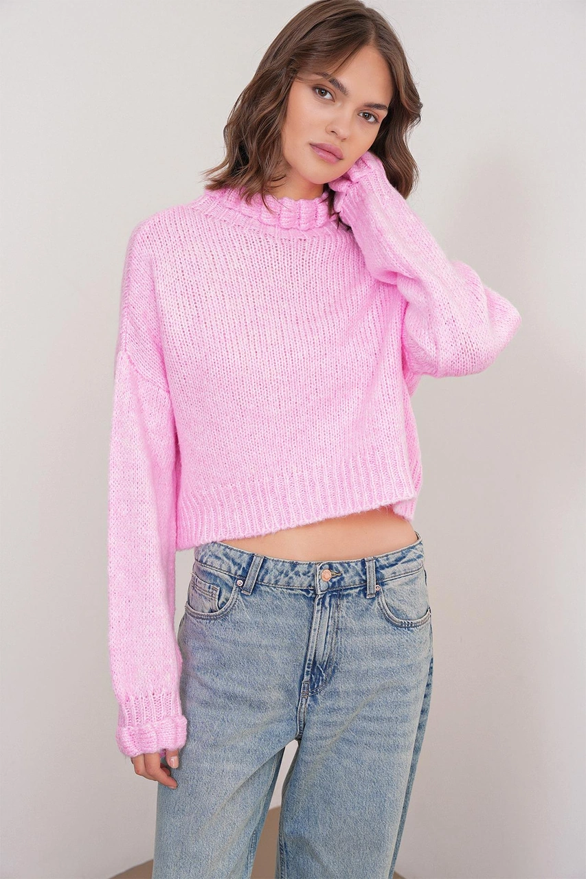 Mixray 6883 Kadın Fırfır Detay Crop Triko Kazak Pembe