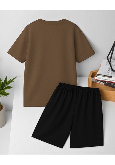 Uyguntarz Unisex Boğa Baskılı Tasarım Şort Takım Kahverengi